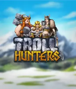 Изображение слота "Troll Hunters" от Play'N Go, где изображены три воина-викинга: две женщины и один мужчина, одетые в традиционные викингские доспехи. На фоне виднеются заснеженные горы, что добавляет атмосферу северных легенд. Этот игровой автомат идеален для поклонников скандинавской культуры и поисков приключений.